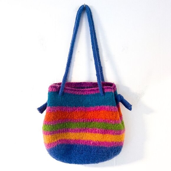 Artisan Handbags - Booga Bag | Felted Wool Sunset Stripe Hobo Shoulder Bucket Artisan Bag